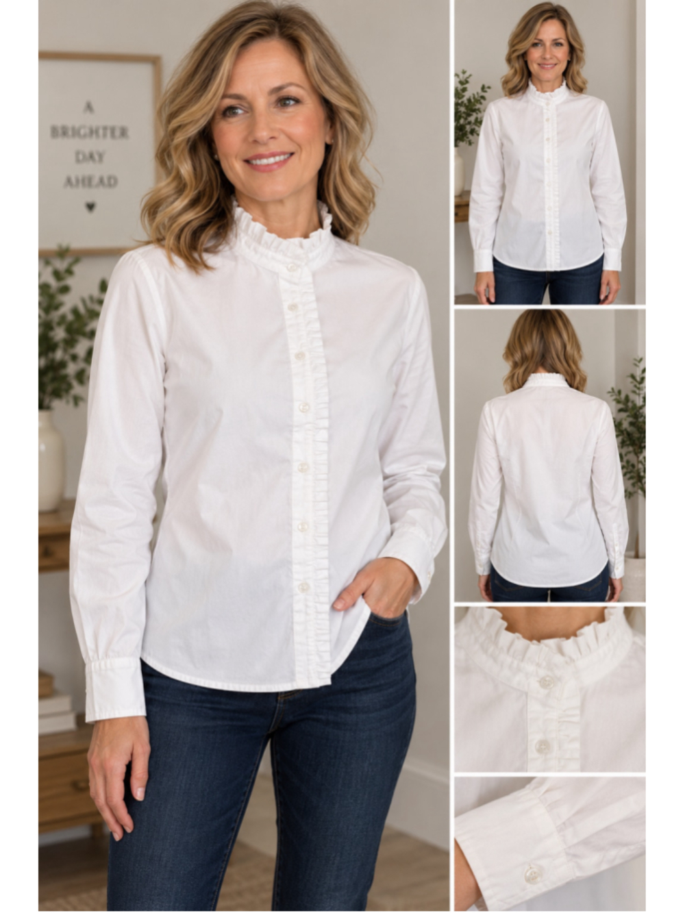 Women's J.Crew White Ruffle-Trim Button Down Shirt, Size M